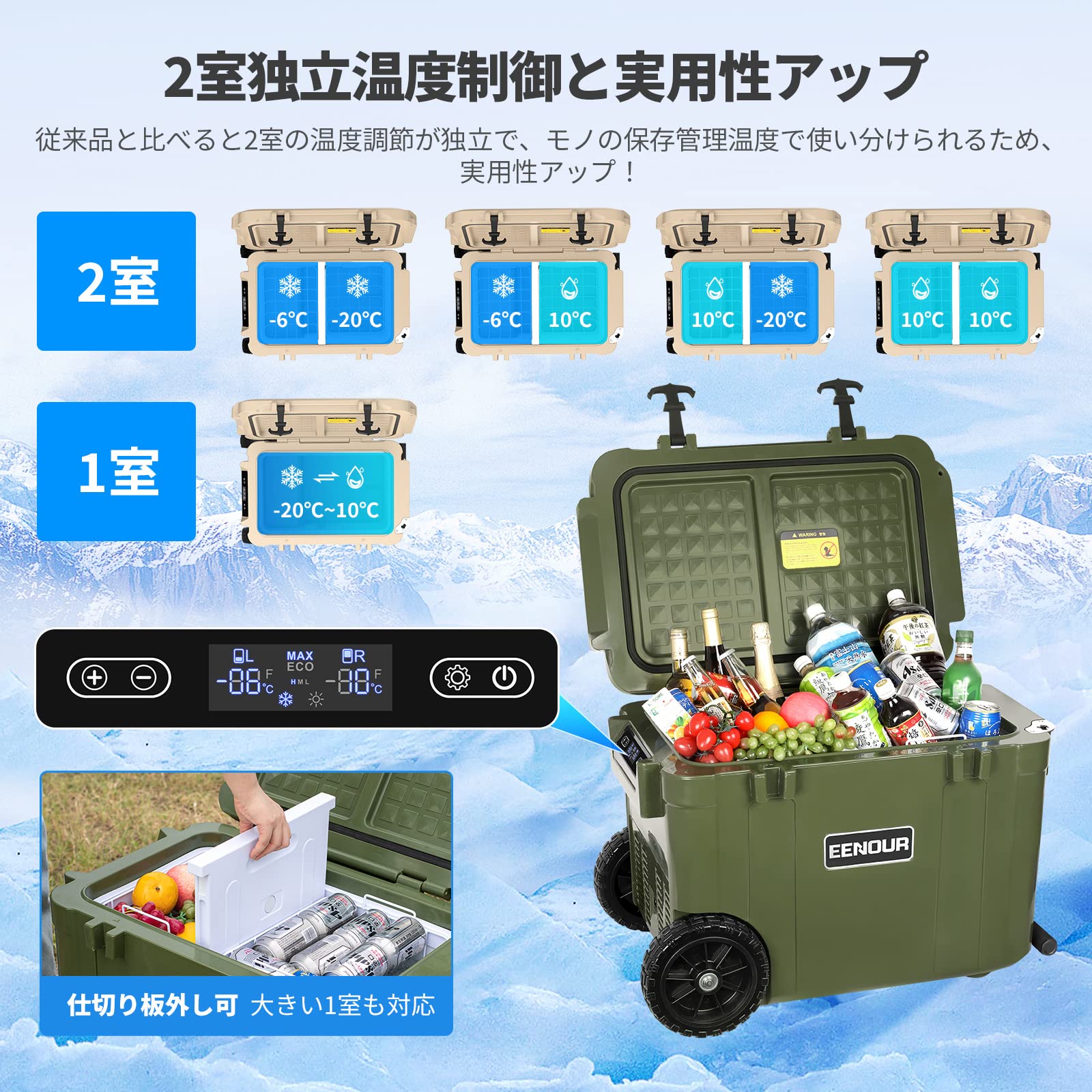 Amazon.co.jp: EENOUR 車載冷蔵庫 CA45 回転成形プロセス -20℃~10℃ 2室